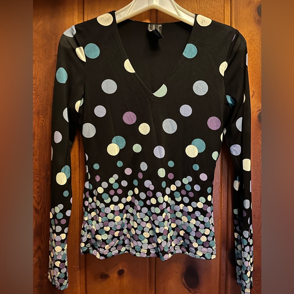International concepts, blouse, size small, black with polkadot pattern